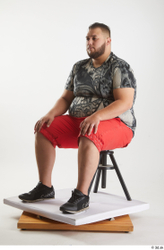 Whole Body Man White Casual Shirt Shorts Overweight Sitting Studio photo references